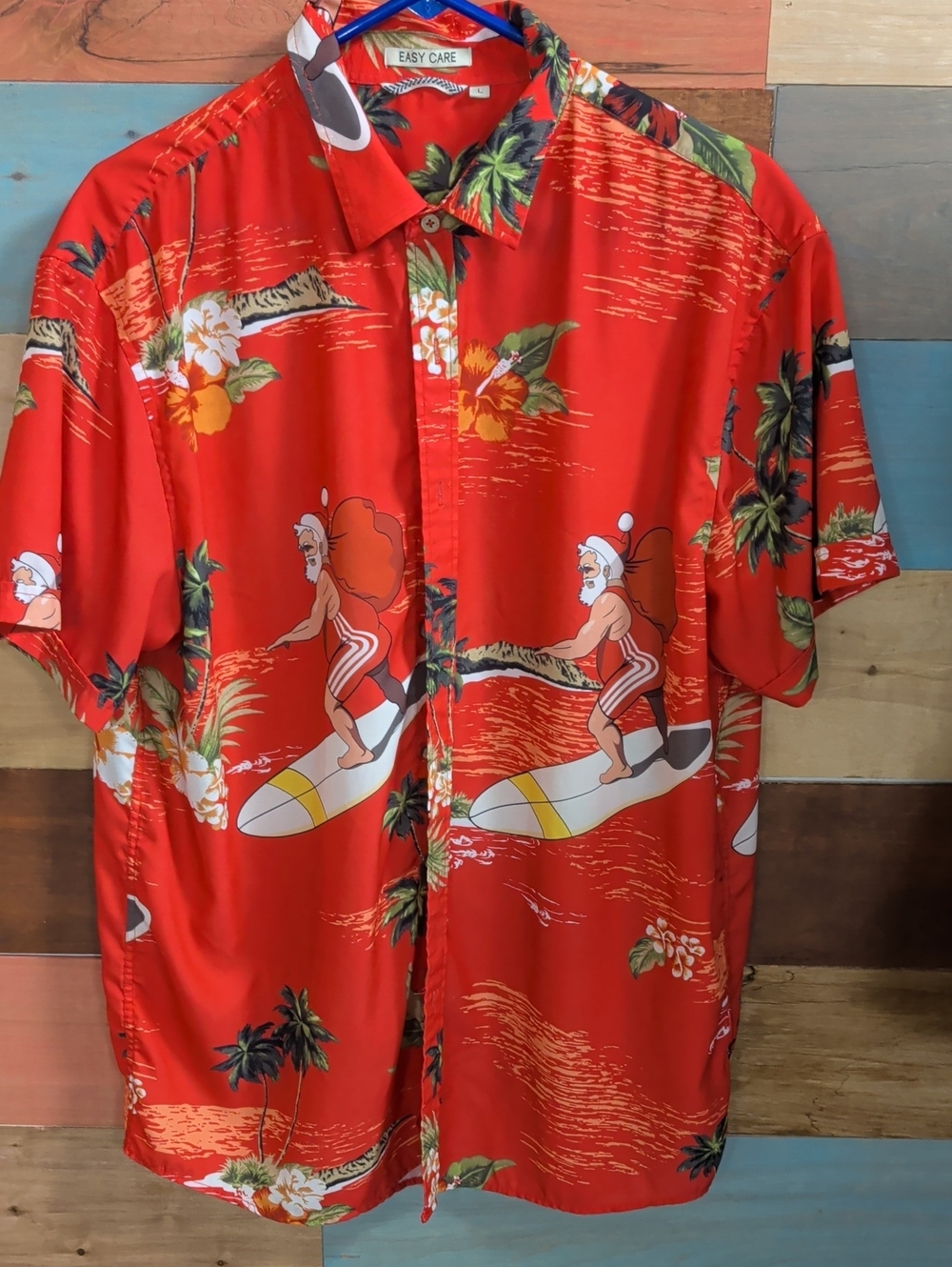 Men's Red Hawaiian Button-Down Shirt with Surfing Santa Print by
